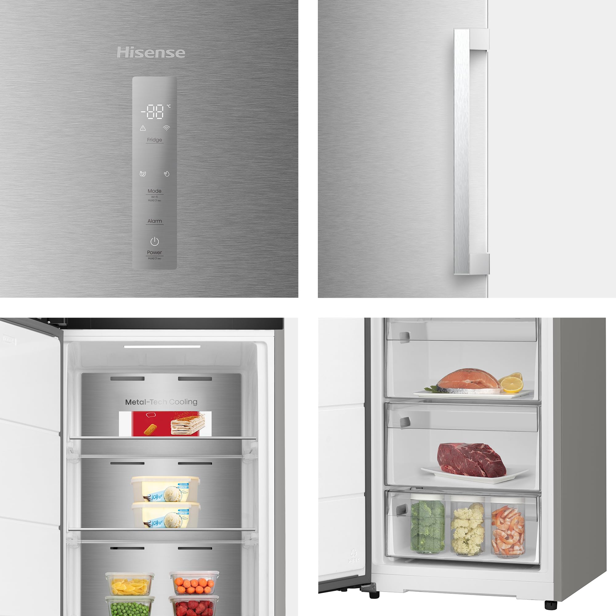 Hisense FT3K310SAIE1 - Congelador Una Puerta Total No Frost Kitchen Fit, 312L, 186cm, Ventilación Inferior, Apertura de Puerta 90º, Metal-Tech Cooling, Tirador de Apertura Fácil, WiFi, Inox