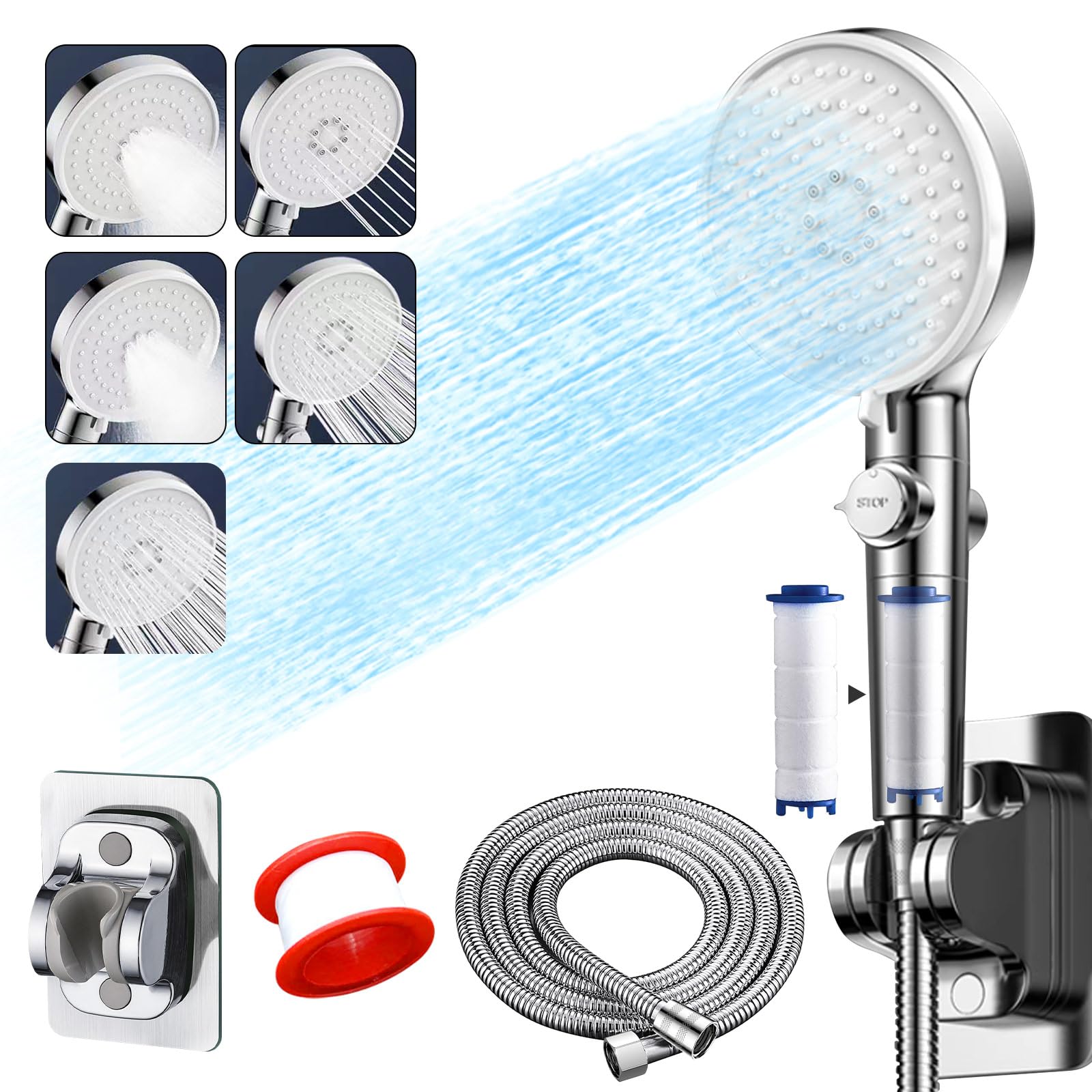 Homarket High Pressure Handheld Shower Head with Pause Switch, 6 Spray Modes Shower Head with Filter Hose and Bracket,Handheld Shower Head Combo (silver120mm large)