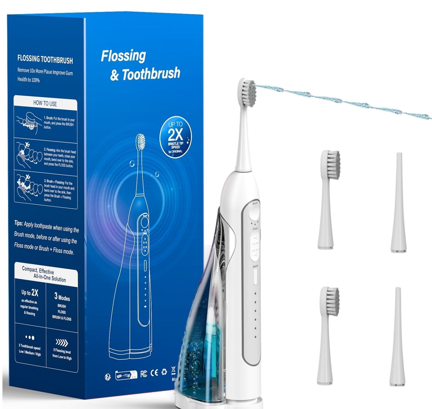 Cepillo de dientes eléctrico con hilo dental de agua, cepillo de dientes portátil, IPX8 impermeable, cabezal de cepillo y boquilla equipados, para viajes y hogar, color blanco