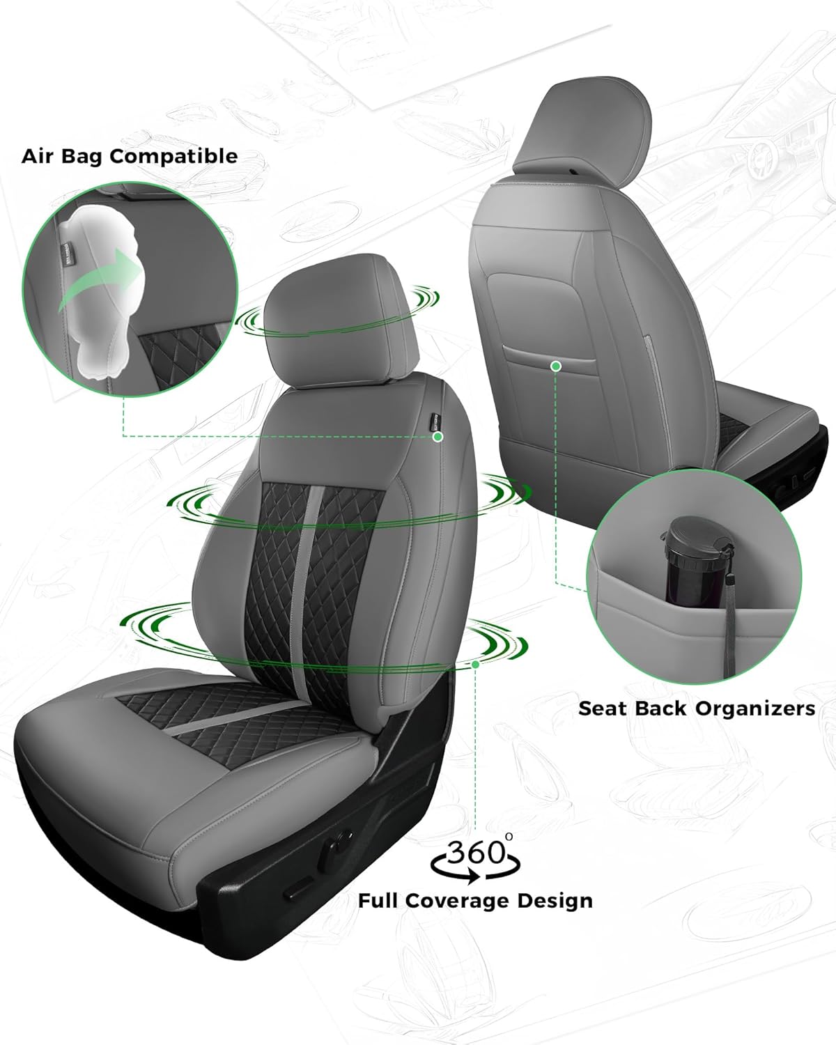 for Ford F150 Leather Seat Covers, Super Crew Cab XL XLT Platinum 2010 2011 2012 2013 2014, Custom Fit Truck Seat Cover Full Set, Pickup Protectors Accessories, Gray Black (Bucket Seat)