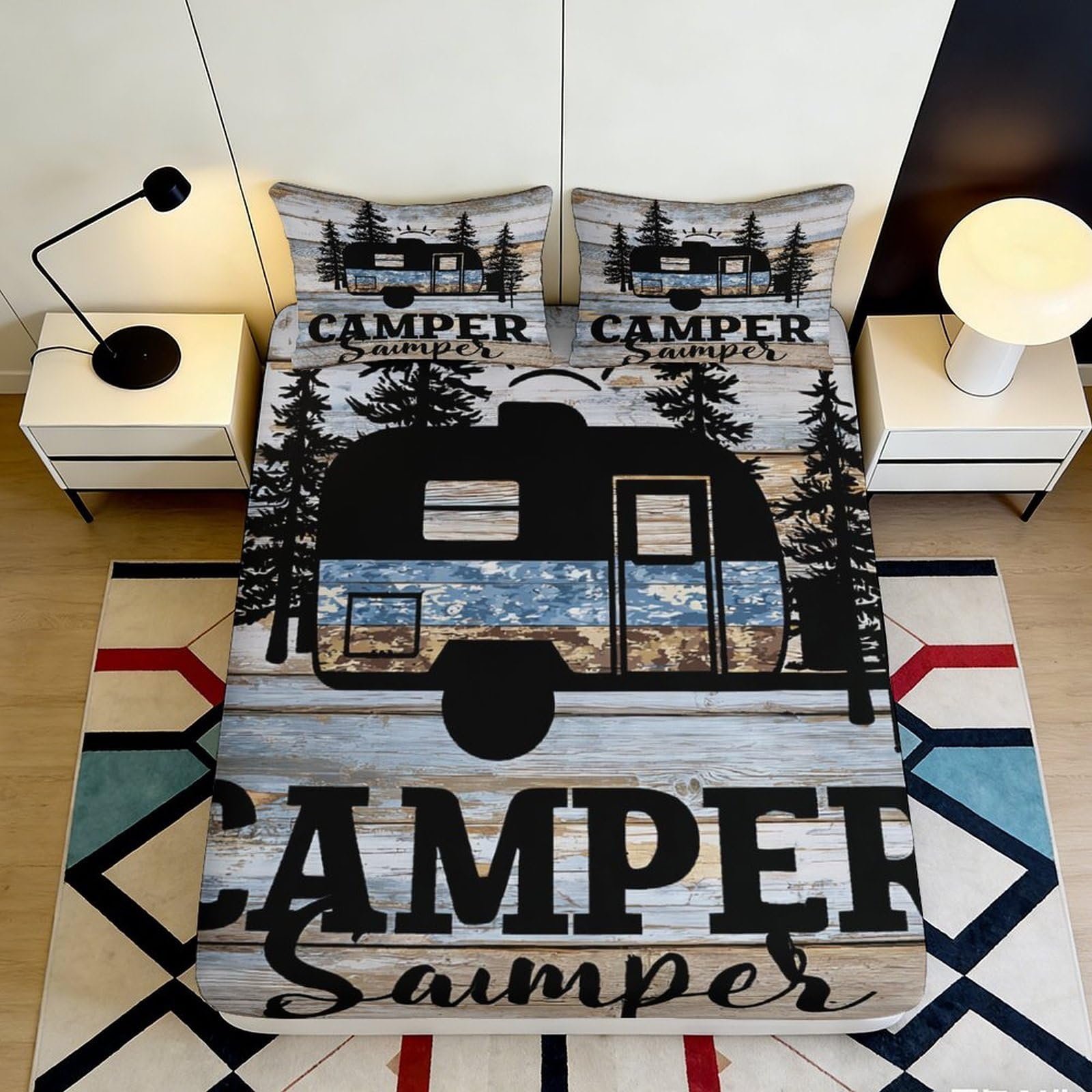 3D Printed Camper Forest Fitted Sheet Microfiber Non-slip Bed Cover Rustic Trailer for Bedroom Guest Room Decor 120x200x25cm
