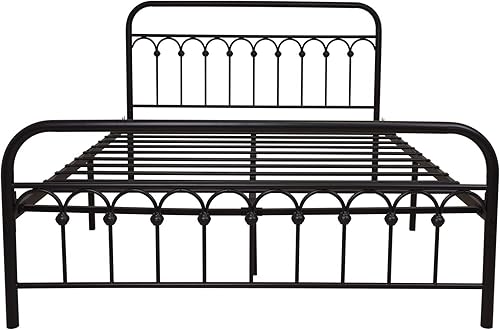 Miniatura 8 de 1730 1710 1707. Marco de cama de metal, tamaño queen, con cabecera vintage y base de plataforma con pie de cama, de hierro forjado. Negro -,Marrón