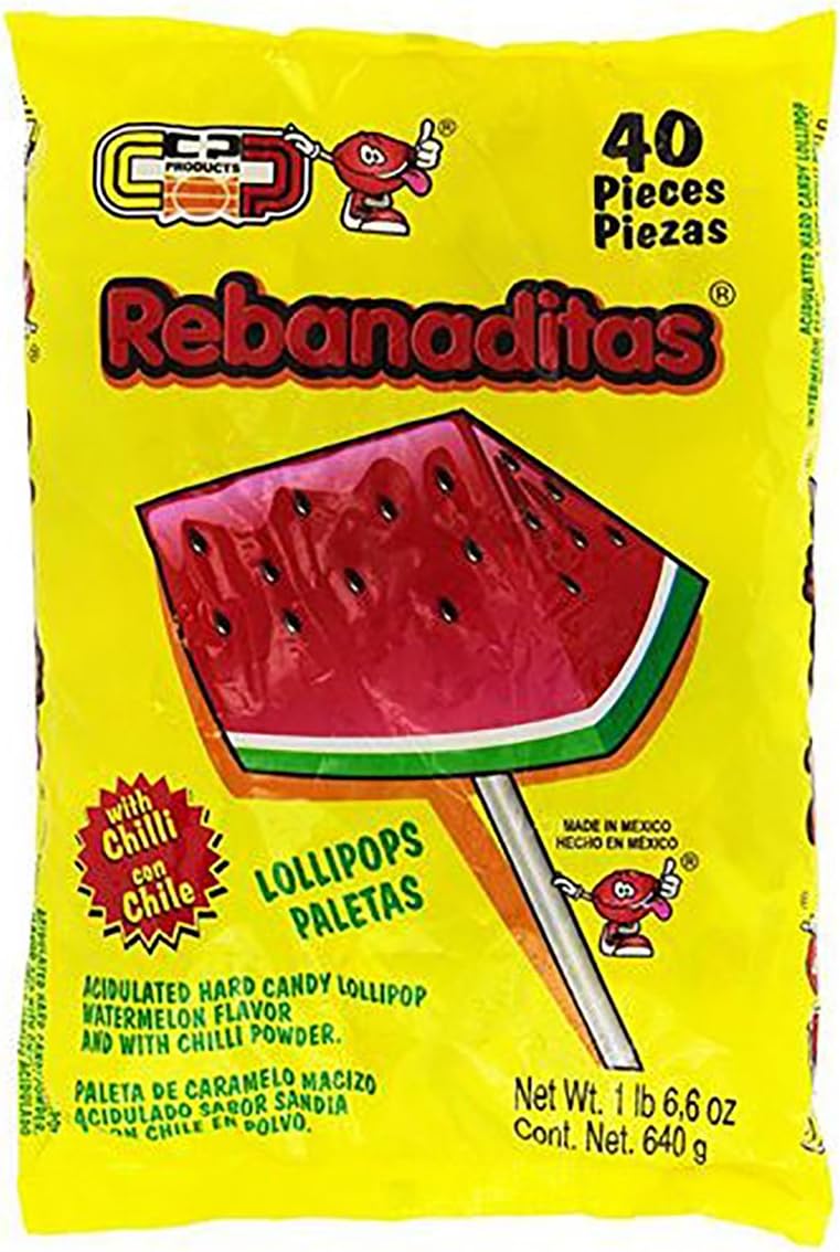 Dulces Vero Vero Rebanadita Paletas Sabor Fresa Con Chile Mexican Hard Candy Chili Pops, 1.5 pounds, 40 Pc, Red