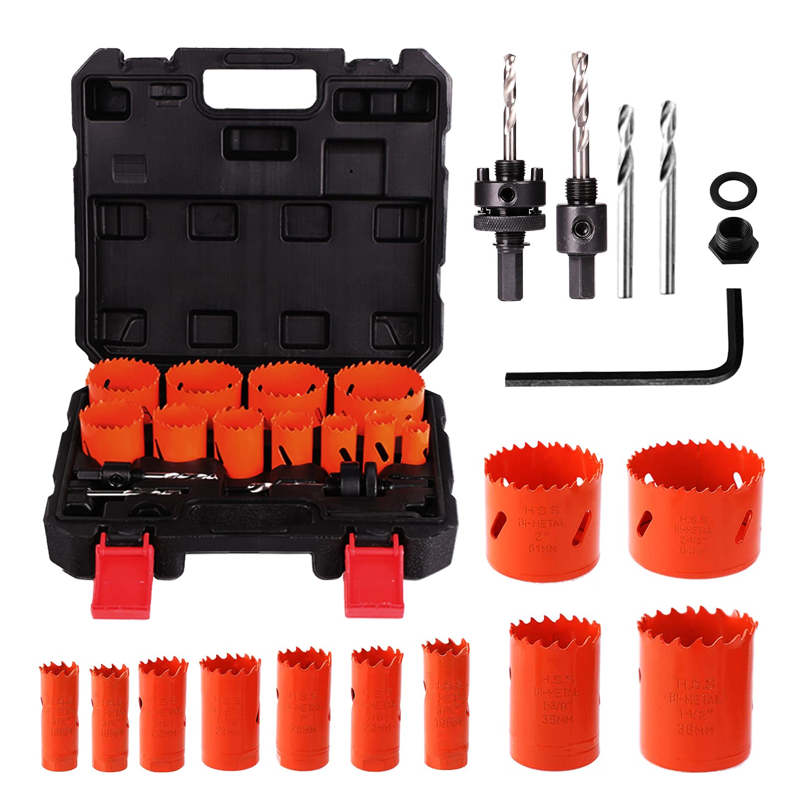 Bi-Metal Hole Saw Kit, XDOVET 19-Piece General Purpose 3/4" to 2-1/2" Set with Case. Used for Precise Drilling On Metal, Wood, Plastic, and Doors. Durable High-Speed Steel (HSS)