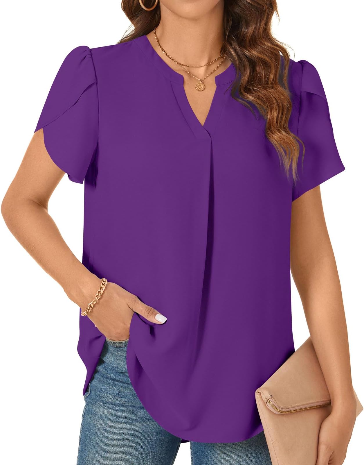 Womens Dressy Chiffon Blouses Summer Casual T-shirts Petal Short Sleeve V Neck Tunic Tops for Leggings