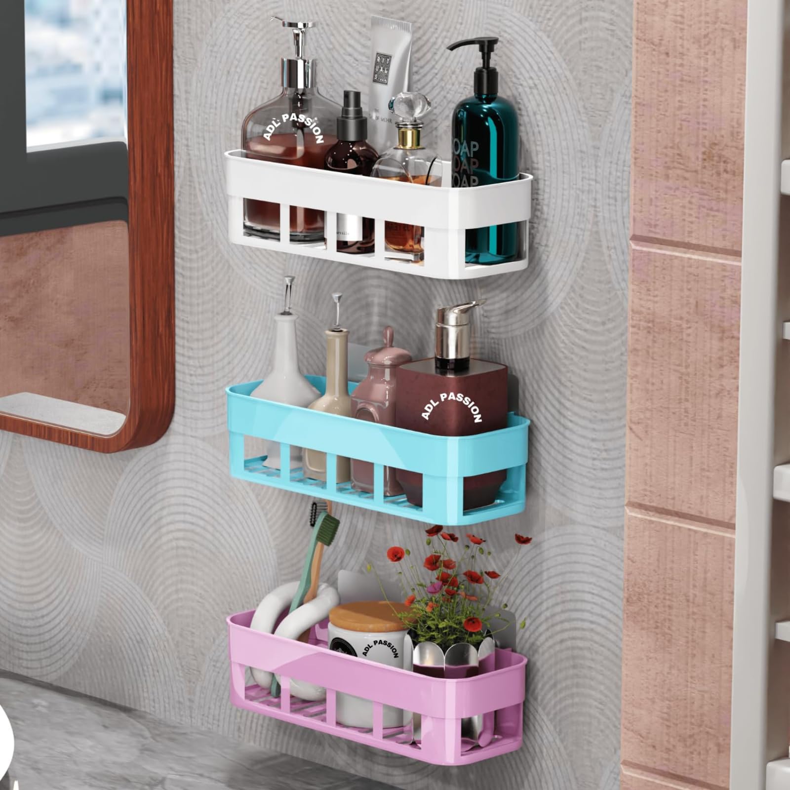 ADL PASSION Wall Mounted Self Adhesive Plastic Bathroom Shelf/Self Bathroom Shelf/Bathroom Organizer/Bathroom Accessories (White, Pink, Blue, Pack of 3) (B0CGRMM7QB) Amazon Price History, Amazon Price Tracker