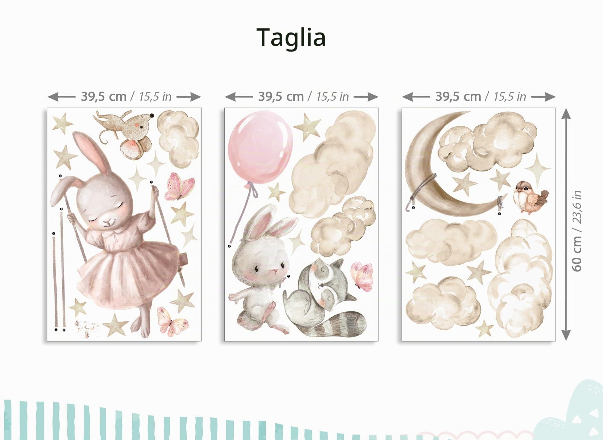 DK1127-04 - Adesivo da parete a forma di coniglio, acquerello, decorazione da parete per cameretta dei bambini, motivo: animali e palloncini