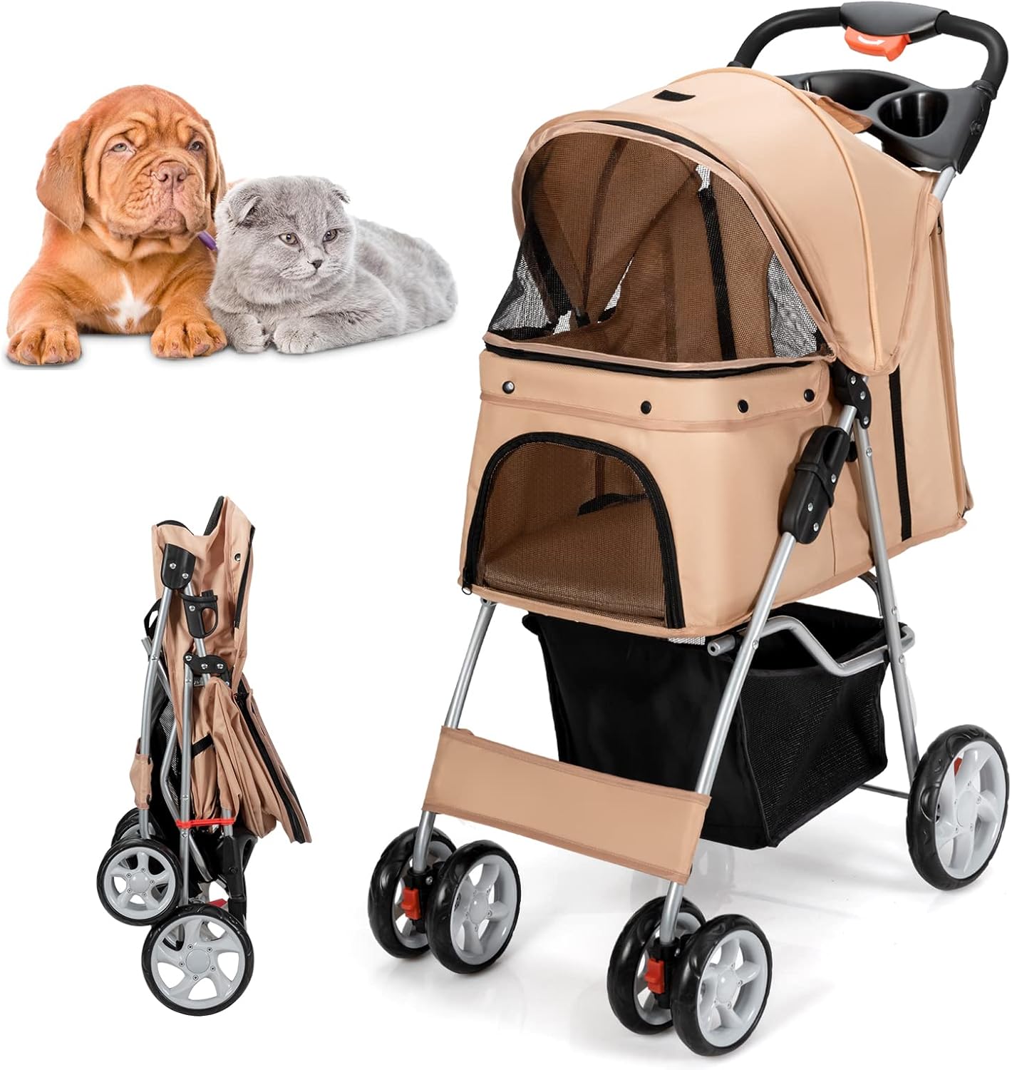 COSTWAY Cochecito para Mascotas Plegable, Cochecito de Mascotas de 4 Ruedas para Gatos/Perros, Carrito para Gatos con Cesta de Almacenamiento para Mascotas, Ventana de Malla, impermeable (Beige)