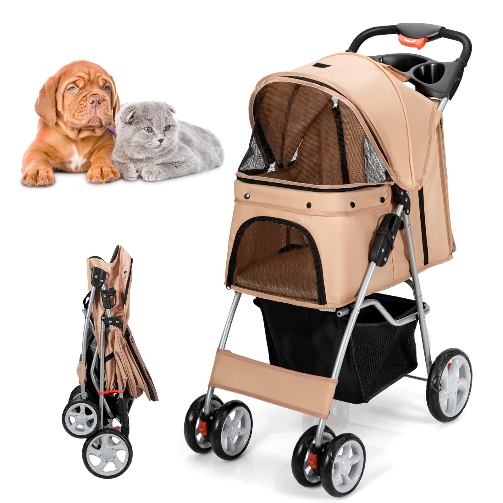 COSTWAY Cochecito para Mascotas Plegable, Cochecito de Mascotas de 4 Ruedas para Gatos/Perros, Carrito para Gatos con Cesta de Almacenamiento para Mascotas, Ventana de Malla, impermeable (Beige)