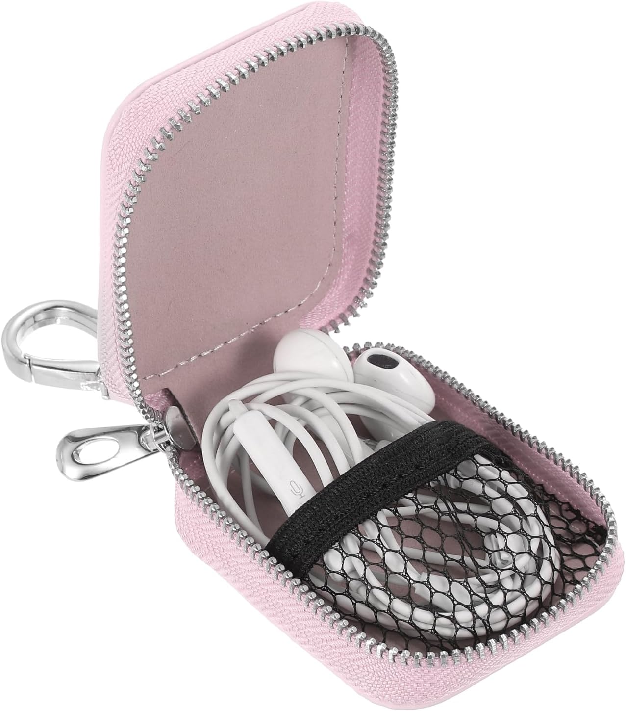 HARFINGTON Earbuds Cases, Earphone Case Holder, PU Leather Ear Buds Case Zipper Organizer Small with Mesh Pocket for USB Cable, Wireless Wired Earphones, Pink - Image 3