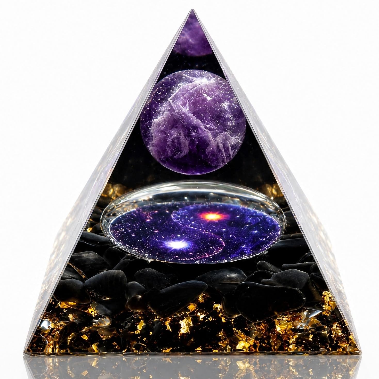 Orgone Pyramid Crystal Orgonite Pyramide Reiki healing pyramid Amethyst with Obsidian Positive Pyramid Natural Chakra Meditation Crystal Home Decor 6CM