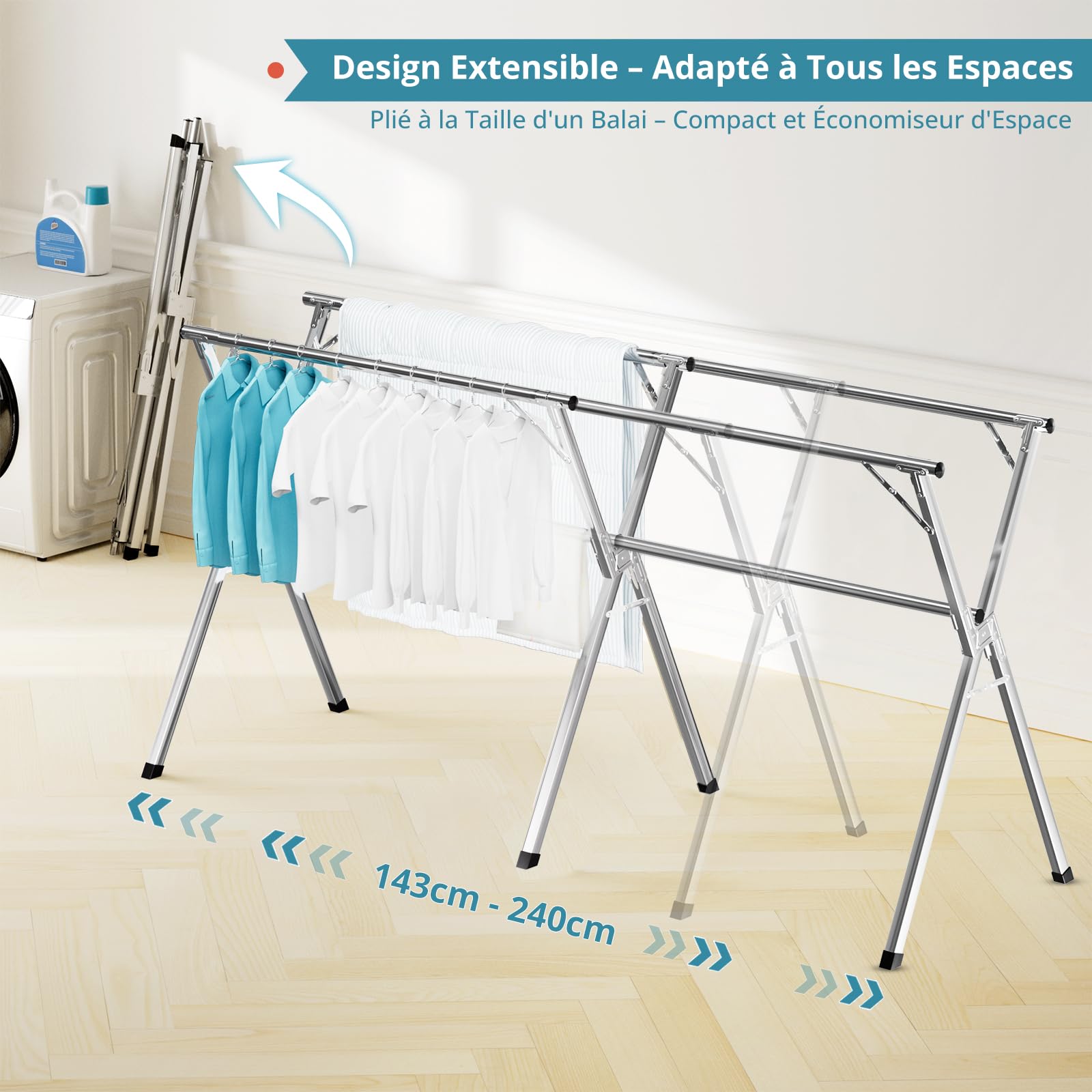 JAUREE 240 cm Séchoir à Linge, étendoir Pliable pour vêtements intérieur/extérieur, Support à Linge en Acier Inoxydable Robuste, Grand Portant Pliable et Portable avec 20 Crochets Coupe-Vent