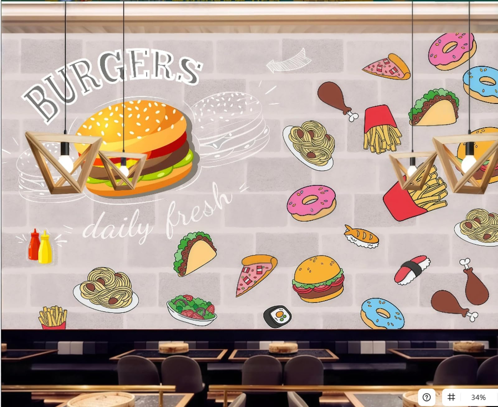 rskjdghshd Wallpaper Cartoon Brick Wall Hand Painted Burger Pizza Fast Food Restaurant Western Restaurant Living Room Background Wall Wallpaper Drink Coffee Shop Mural,3D,430x300cm