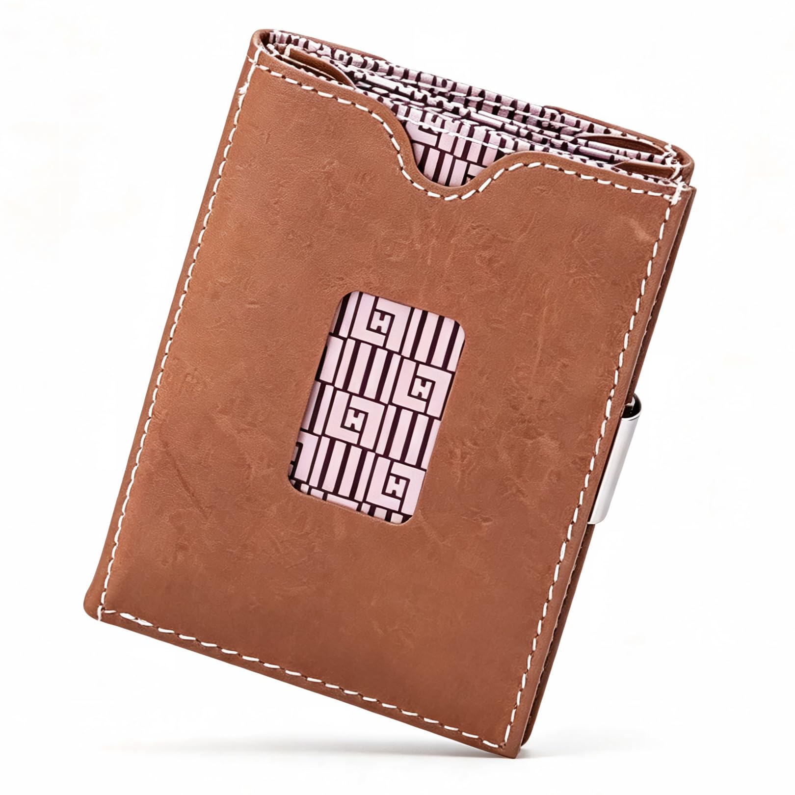 LLH Leather Trifold Wallet - RFID Blocking with Stainless Steel Locking Clip Wallet, Minimalist Front Pocket RFID Blocking Credit Card Holder (Brown)