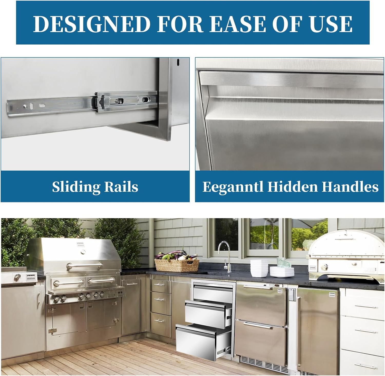 Outdoor Kitchen Drawers 20"Wx27"Hx23"D Flush Mount Access 3-Drawer BBQ Stainless Steel Drawers for Outdoor Kitchen Island or Grill Station