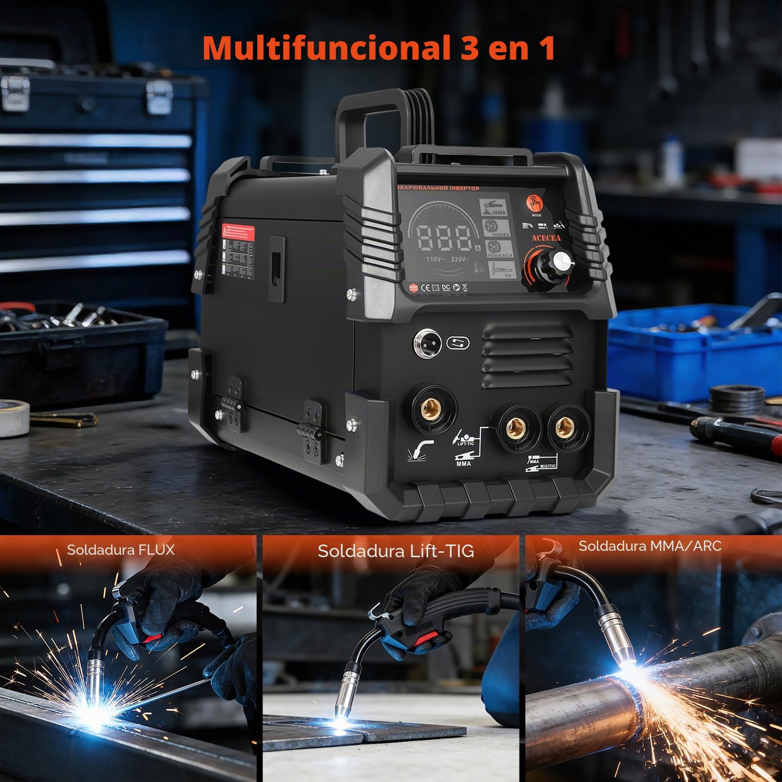 Soldador de Hilo sin Gas 120A 220V Máquina de Soldar 3 en 1 Multiproceso (FLUX, Lift-TIG, MMA/ARC) con Sinergia, Soldador Inverter IGBT Compacto para Profesionales y Aficionados