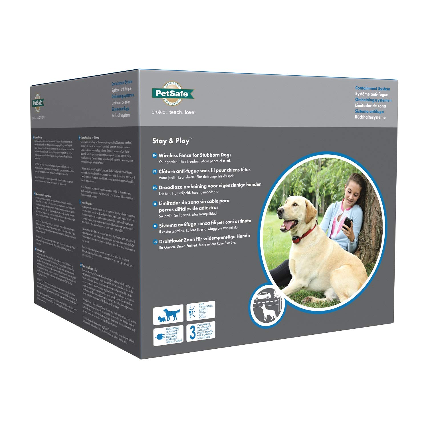 PetSafe, Clôture Anti-Fugue sans Fil Stay & Play de pour Chiens têtus, Collier étanche et Rechargeable, Couverture Circulaire de 3 000 m², 5 Niveaux de Stimulation Ajustable, transmetteur Portable