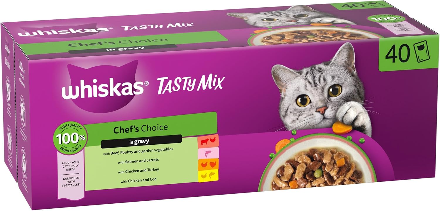 whiskas Tasty Mix 1+Chef´s Choice in Gravy 40x85g Pouches, Adult Cat Food - Analyse des détails et conception