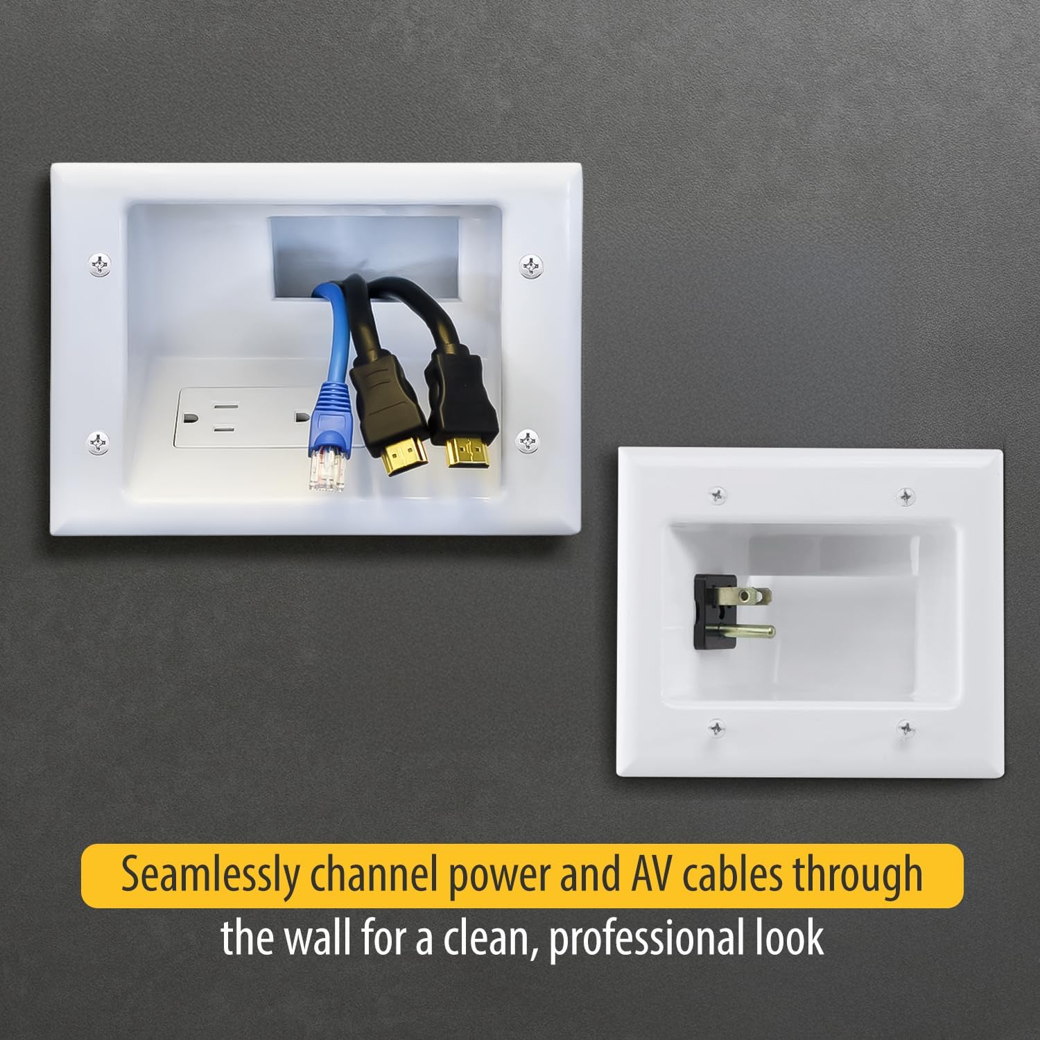 DATA COMM Electronics 45-0028-WH Recessed Low Voltage Plate Pass Through, Pro-Power Kit with Duplex Surge Suppressor & Straight Blade Inlet, Mount TV Cord Wire Hider, In Wall Cable Management, White