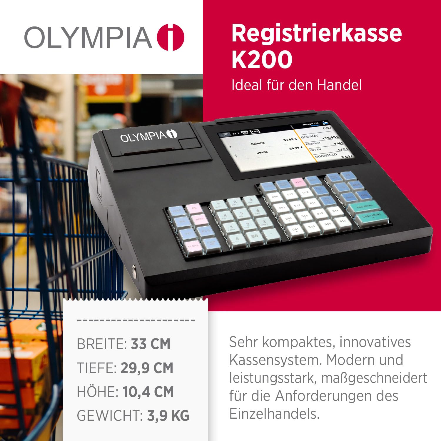 Olympia K200 Registrierkasse Touchdisplay 7 Zoll Android 11 58 mm Thermodrucker Hubtastatur 48 Tasten LED-Anzeige