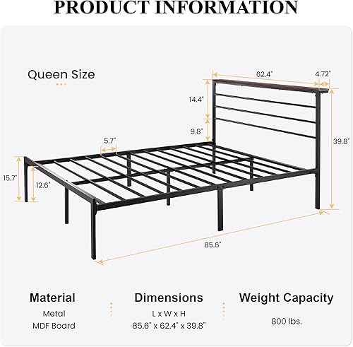 Miniatura 2 de SHA CERLIN Base de cama tamaño Queen con estante de cabecera y base de metal resistente, no necesita somier, color marrón