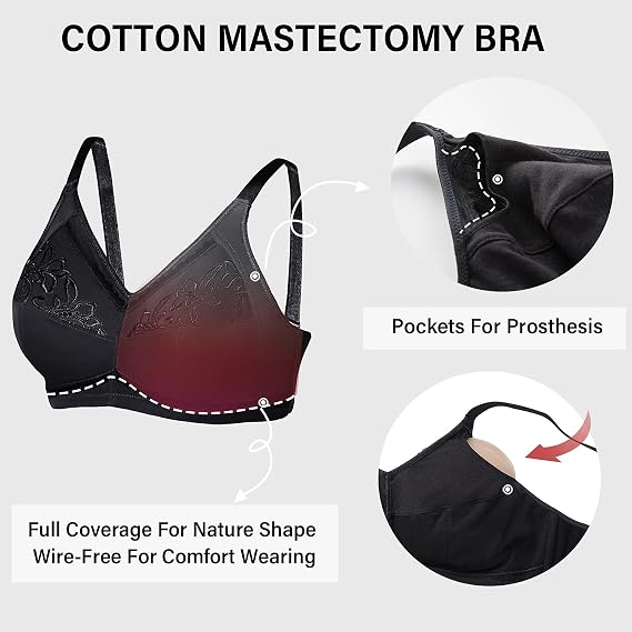 DELIMIRA Women's Mastectomy Wireless Post-Surgery Bras | With Pockets, Plus Size, Cotton, Sleep Bralette