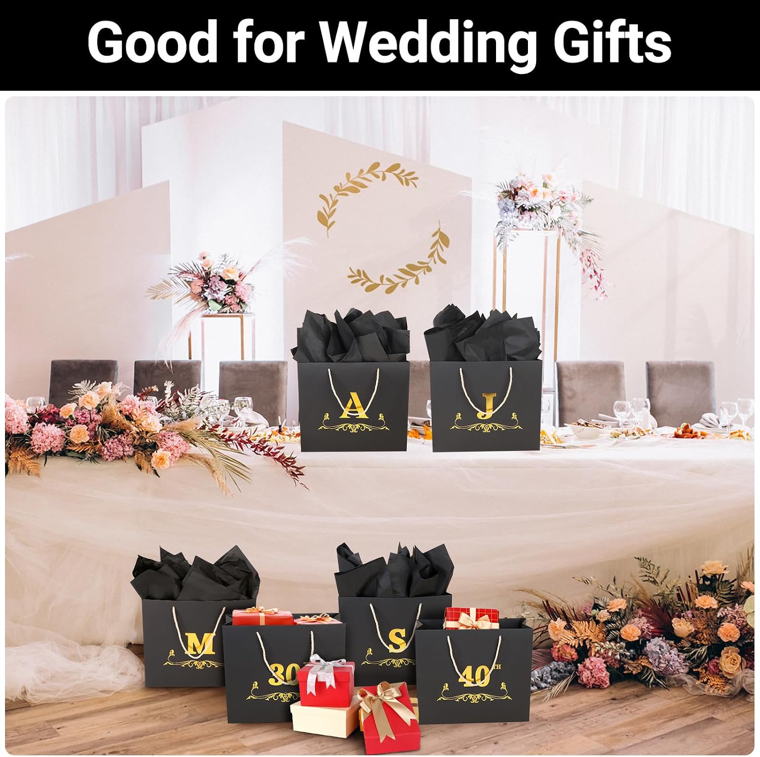 EUSOAR Gift Bags Large, 1pcs 12.5"x4.5"x11" Black 1996 30 Year Old Paper Bag with Handles Tissue Paper Greeting Card, Initial Personalized Birthday Gift Bags for Men Women Party Anniversary Keepsake