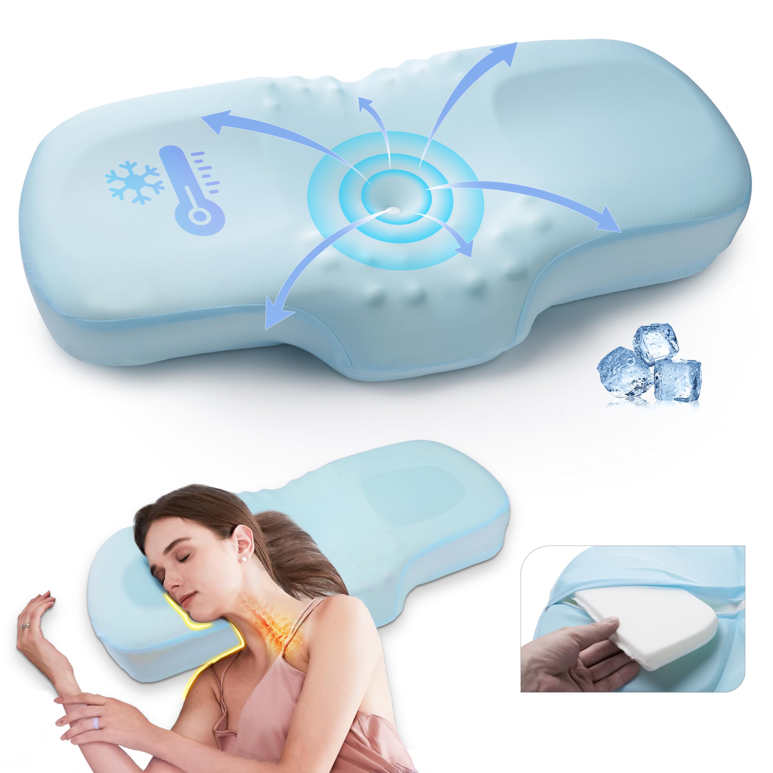 Mastery Mart Almohada de refrigeración de 63 x 40 cm, almohada de espuma viscoelástica, almohada ortopédica, dolor de cuello, antironquidos, para dormir de lado, cojín cervical ergonómico