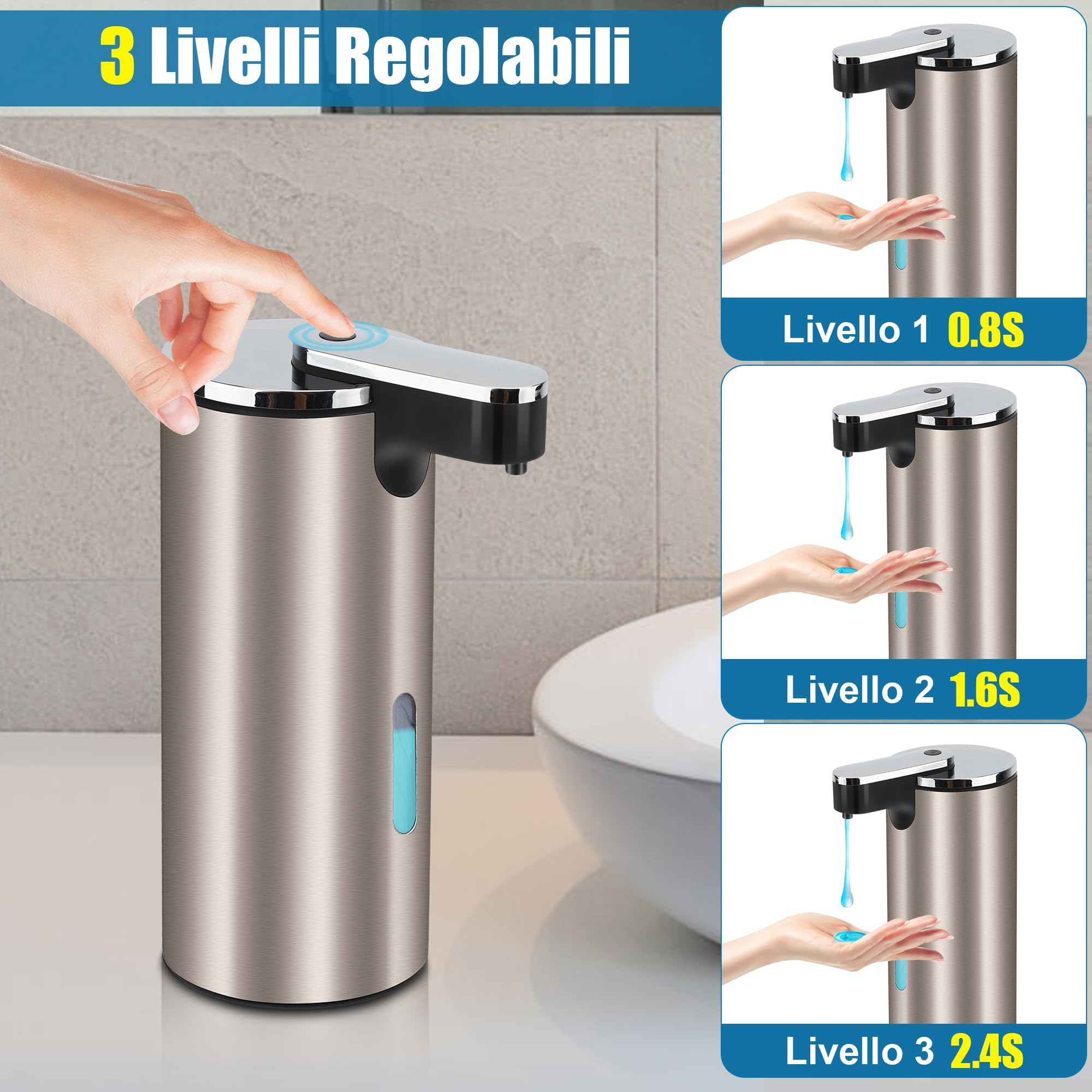 Dispenser Automatico di Sapone 350ML per Bagno | Dispensatore di Sapone per Piatti con 3 Volumi di Sapone Regolabili, Argento