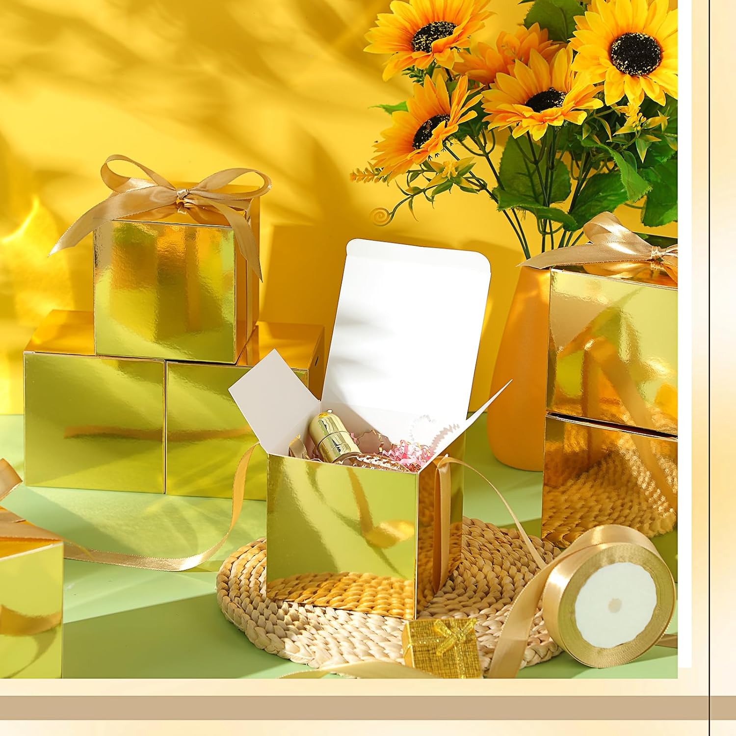 48 Pcs Valentine's Day Gift Boxes with Ribbon Small Party Favor Boxes with Lids Mini Treat Candy Container for Wedding Party Birthday and More(Gold,4 Inch) - Image 4