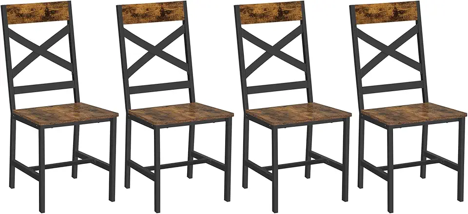 VASAGLE Chaises de Salle à Manger, Lot de 4, Sièges de Cuisine, Cadre en Acier, Ergonomique, Style Industriel, pour Salon, Cuisine, Marron Rustique et Noir LDC994B01