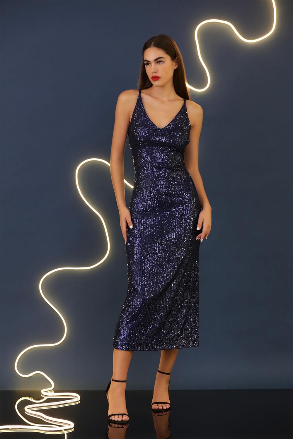 Donna Morgan Women's Dresses Sequin V-Neck Spaghetti Strap Midi Dress with High Slit - Image 5