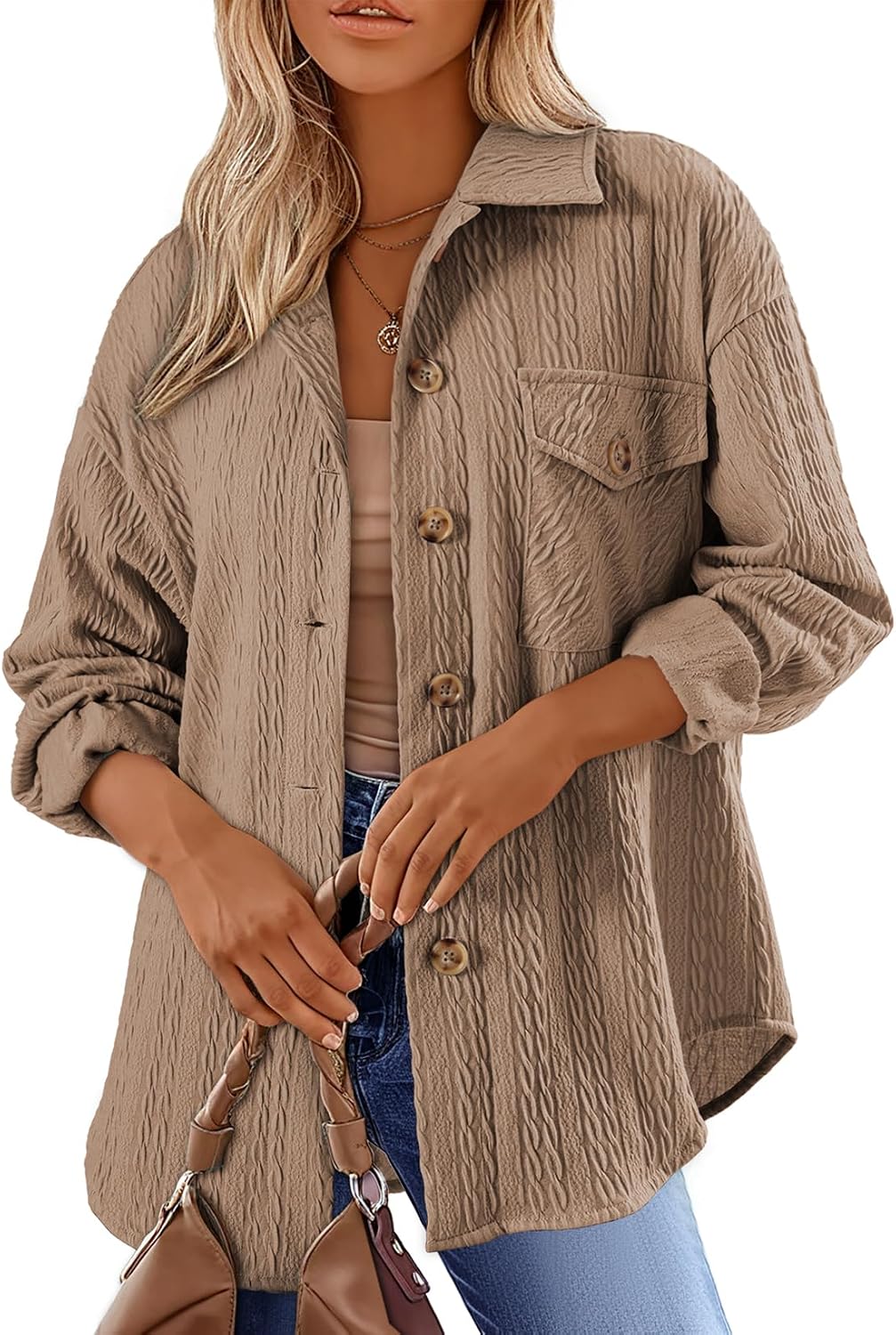 Dokotoo Womens Cable Knit Lightweight Shacket Button Down Shirts Long Sleeve Casual Oversized Blouses Tops