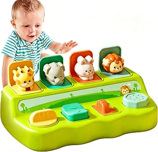 Montessori Interactive Pop-Up Animal Toy, Cause & Effect Learning Toy with 4 Switches, Surprise Animal Sensory Play for Baby Boys & Girls 6–18 Months