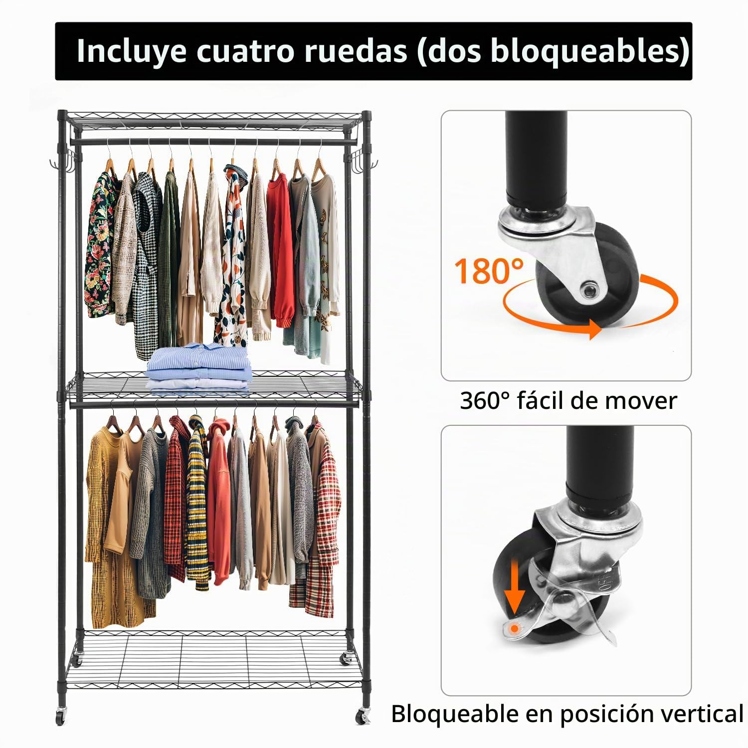 QWORK® Perchero resistente de doble barra con estantes ajustables, ruedas bloqueables y ganchos, 90 x 43.5 x 180 cm