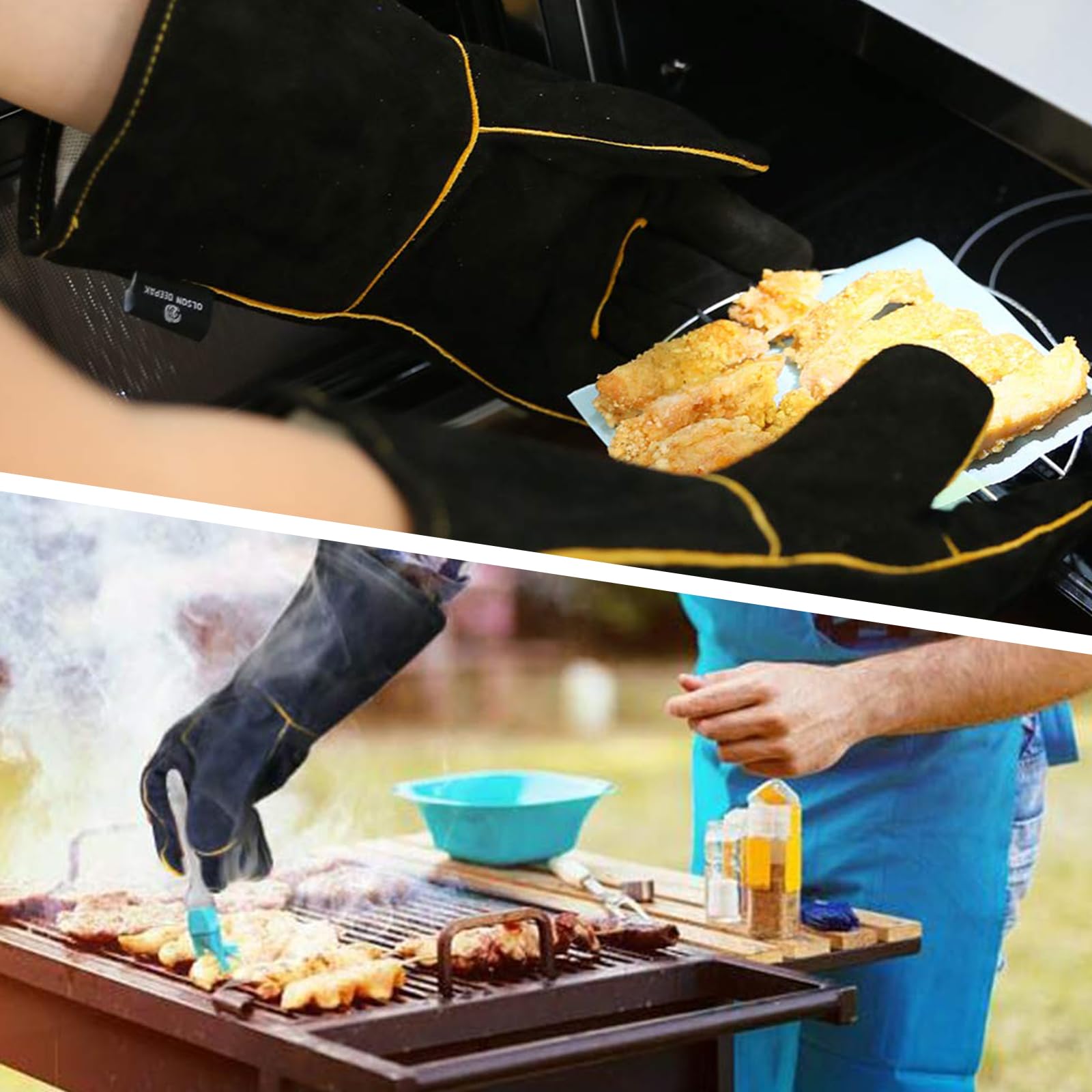 Gants de feu pour brûleurs à bois – Gants de barbecue en cuir ignifuge, gants résistants à la chaleur pour barbecue, soudure, cheminée, grand gant pour four, pâtisserie, poêle, manique et manipulation