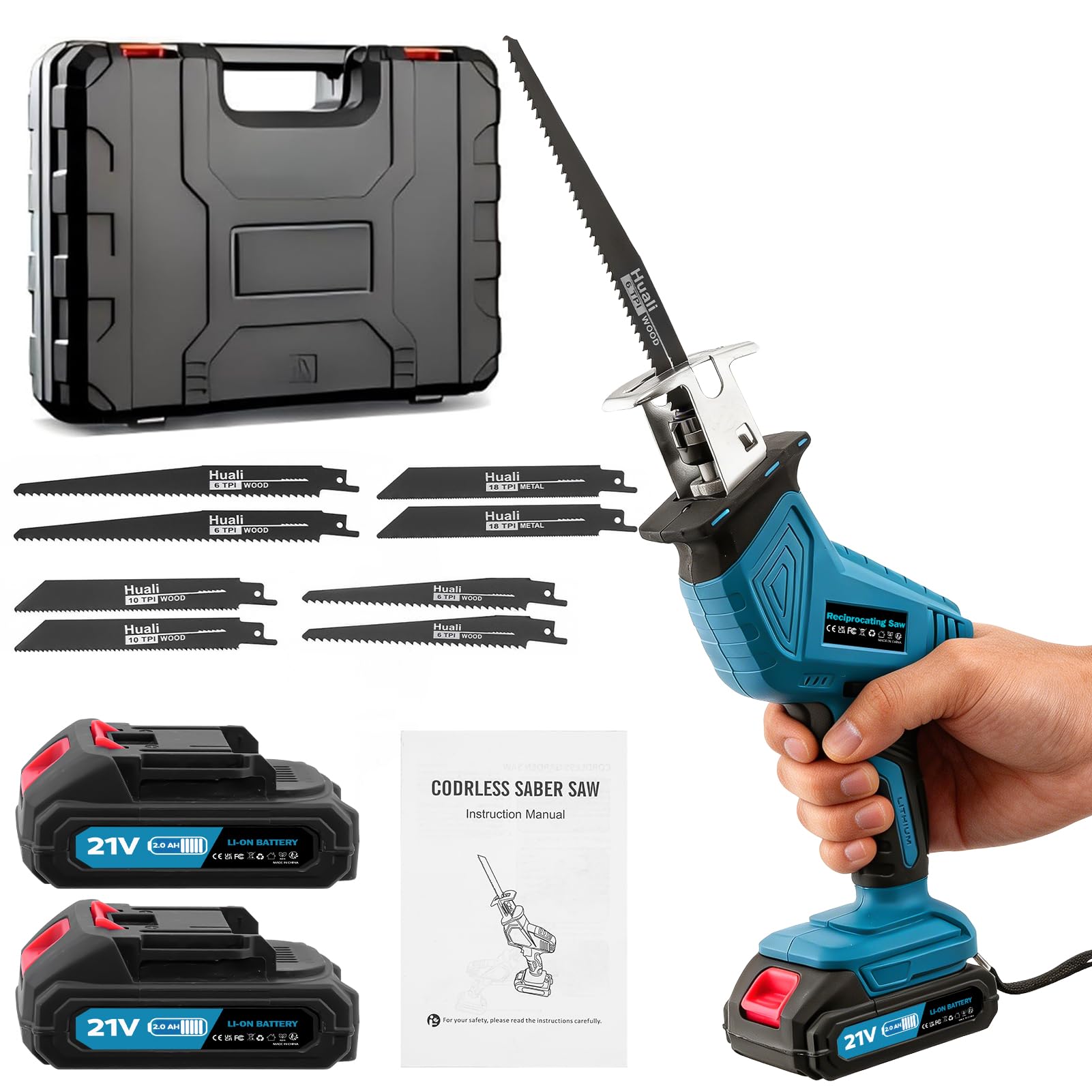 Keleef 21V Reciprocating Saw, 0-4000 RPM Variable Speed Electric Saws to Cut Wood, Cordless Saw with 2 Batteries and Charger, 8 Sawing Blades, Electric Saw for Wood Metal PVC, Blue