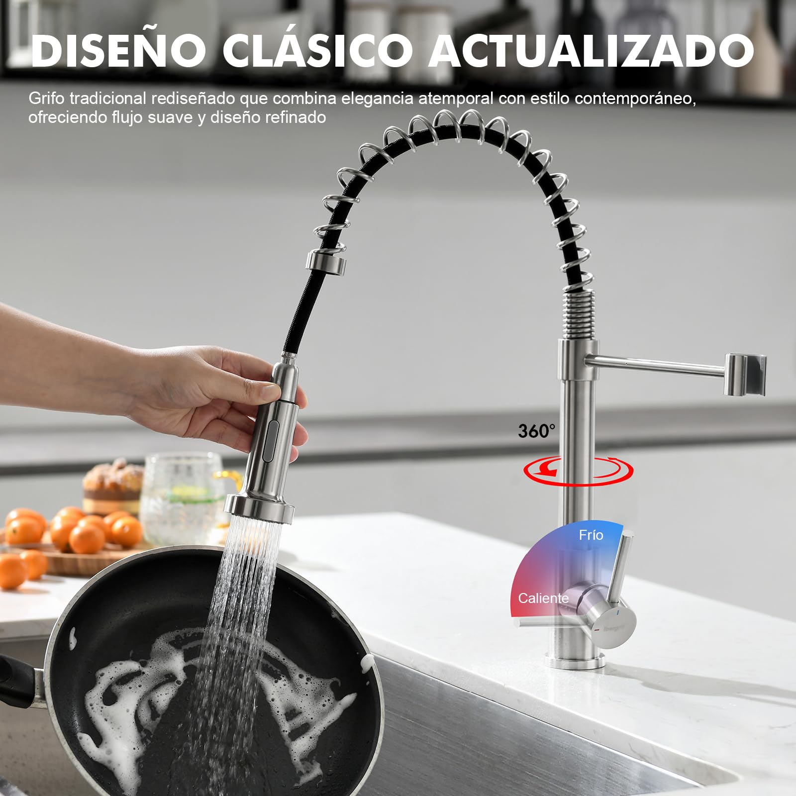 Ibergrif Grifo Cocina Extraible y Extensible - Acero Inoxidable 304, 360°Giratorio, 2 Modos Agua (Spray/Flujo), Manguera 40cm, Instalación Rápida, Monomando, M22143A