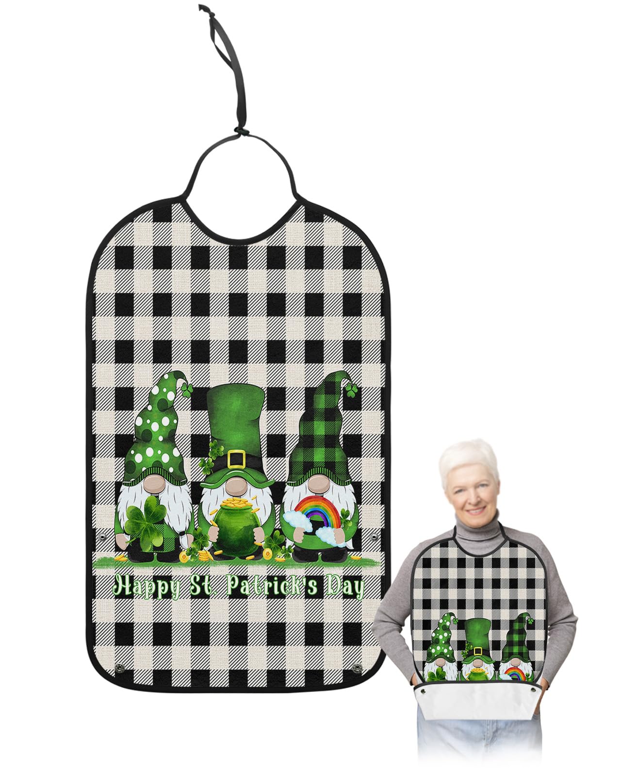 St. Patrick's Day Adult Bibs for Eating, Waterproof Bibs with Food Catcher & Adjustable Snap Closure, Gnomes Lucky Clover on White and Black Buffalo Plaid Clothing Protectors Adult Bibs for Elderly