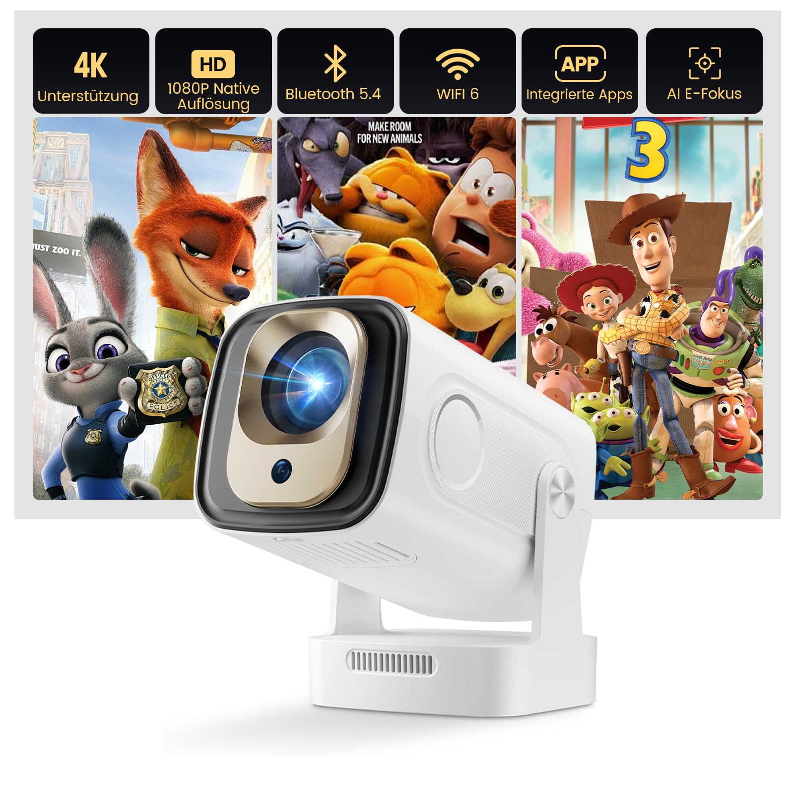 Mini Beamer 4K 1080P Unterstützt, Smart Projector WiFi 6 BT 5.4,Mini Projektor Automatische Trapezialkorrektur,Tragbarer Projektor für Zuhause und draußen,Beamer für HDMI/TV Stick/USB/Laptop,Weiß