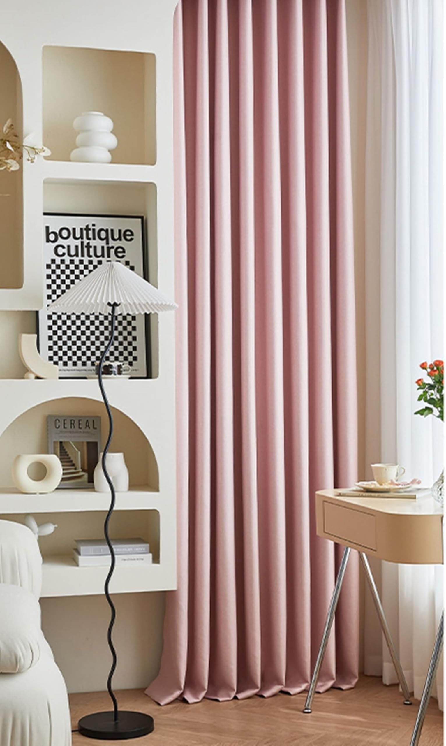 Rideau occultant aspect lin épais rose pour créer un cocon de douceur dans la chambre