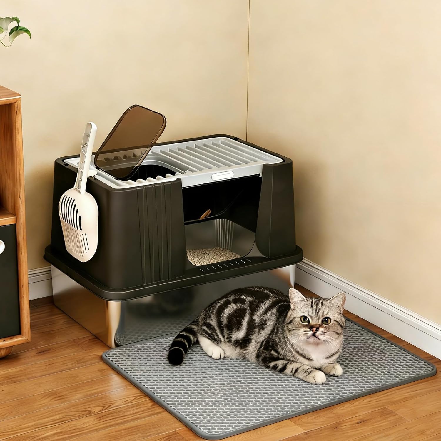 Oneluck Stainless Steel Cat Litter Box with Lid, XXL Extra Large for Big Cats, High Sided Enclosure & Scoop, Non-Sticky, Anti-Leakage (Black)