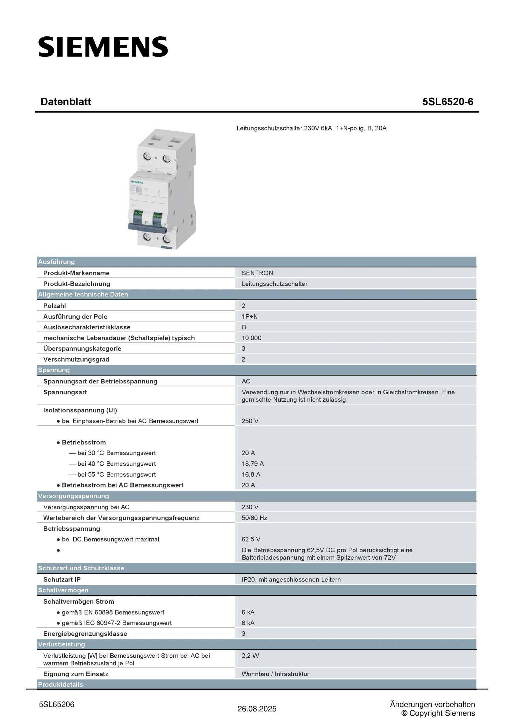 SIEMENS 5SL6 MCB wyłącznik nadprądowy typ B, Pol 1P+N 20 A 230 V SENTRON montaż na szynie DIN