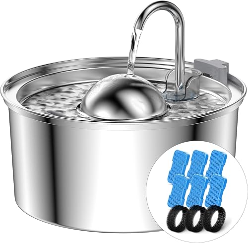 QIUOIO - Fuente de agua para gatos de acero inoxidable de 108 oz3.2 l, fuentes para beber para gatos, súper silenciosas, 6 filtros + 3 filtros de