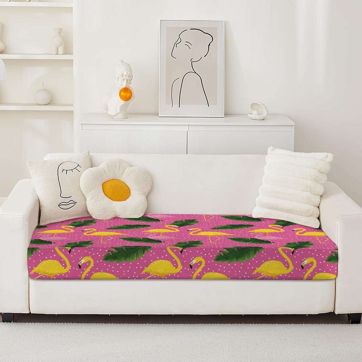 Pink and Gold Flamingos Loveseat Covers Couch Covers for 2 Cushion Couch, 2-Piece Stretch Sofa Slipcovers Anti-Slip Washable Furniture Protectors for Dogs Pets