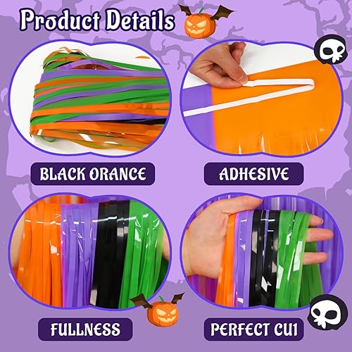 Miniatura 3 de Paquete de 3 cortinas de flecos de papel de aluminio de Halloween, incluye 24 calcomanías de murciélago 3D negras de PVC y pancarta, decoración
