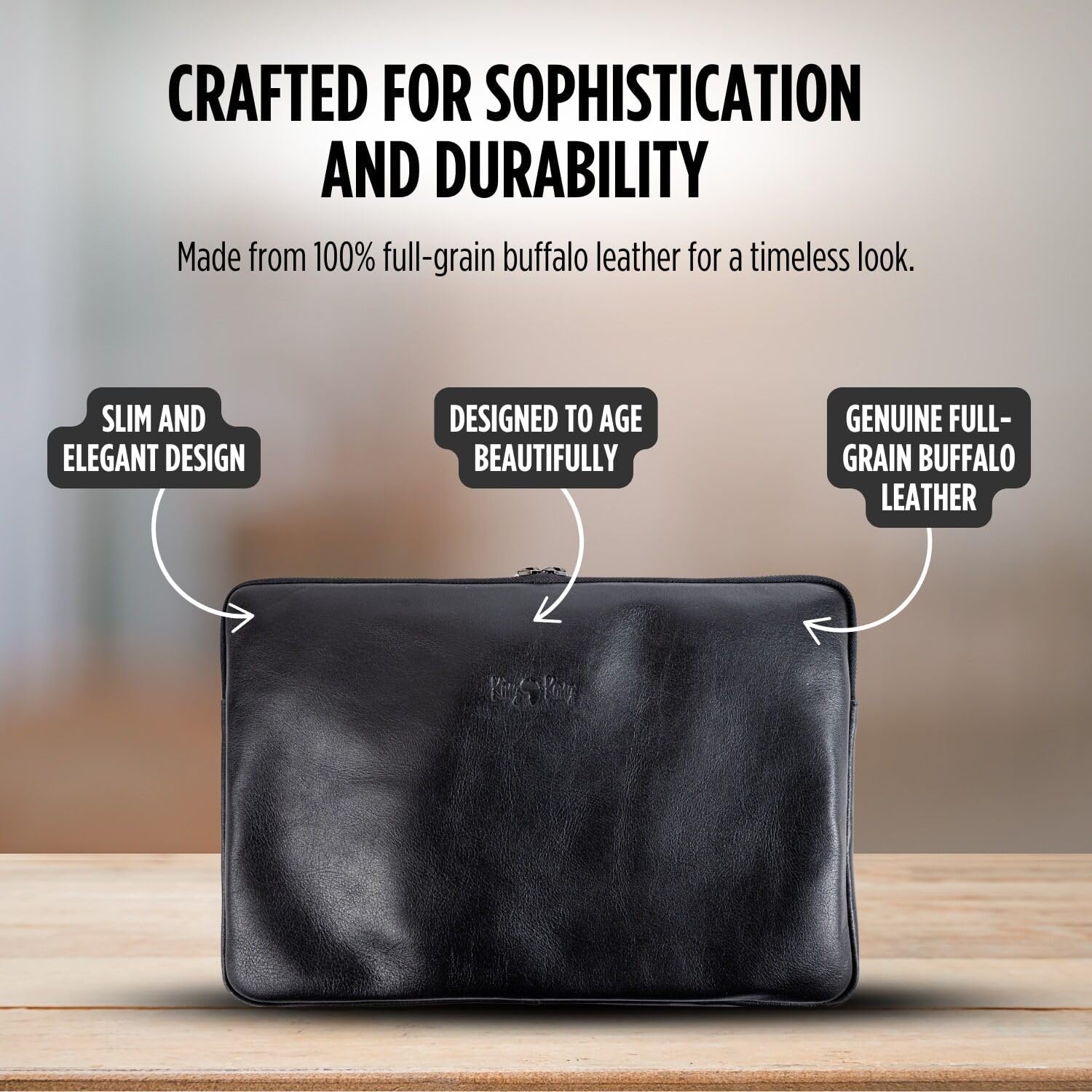 KING KONG Leather Laptop Sleeve, 14'' Notebook Case, Full-Grain Buffalo Leather Laptop Sleeve, Soft Cushioning and Waterproof Lining, Premium Zip, Design to fit Mac Laptops, Black
