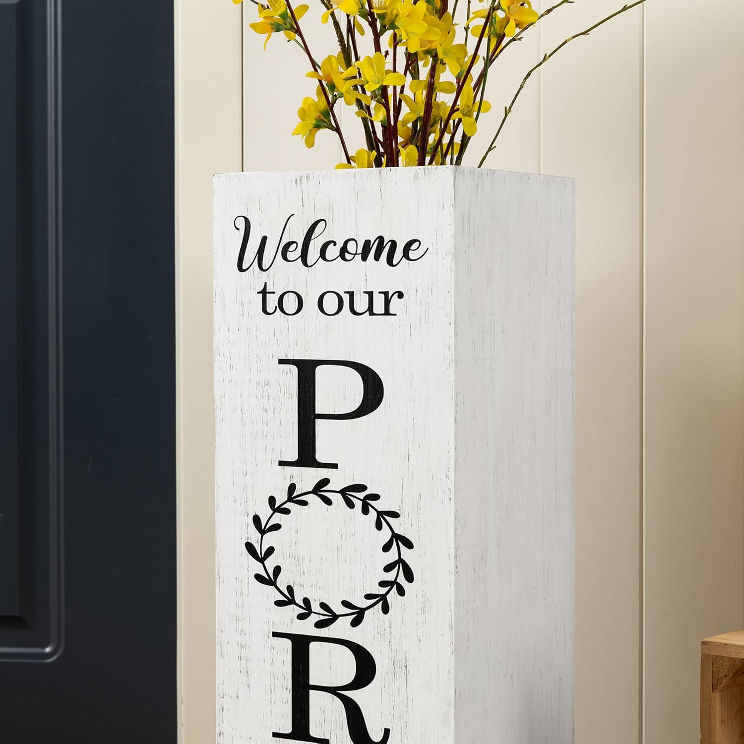 Glitzhome 24"H Wooden Welcome Sign, Rustic Farmhouse Double-Sided Box-Shaped "WELCOME PORCH" Sign, Outdoor Front Door and Courtyard Decoration（White）