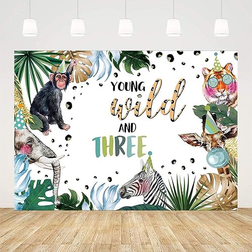Miniatura 2 de Telón de fondo de vinilo para cumpleaños, 7 x 5 pies, azul, jóvenes salvajes y tres animales de la selva safari, para decoraciones de fiestas y