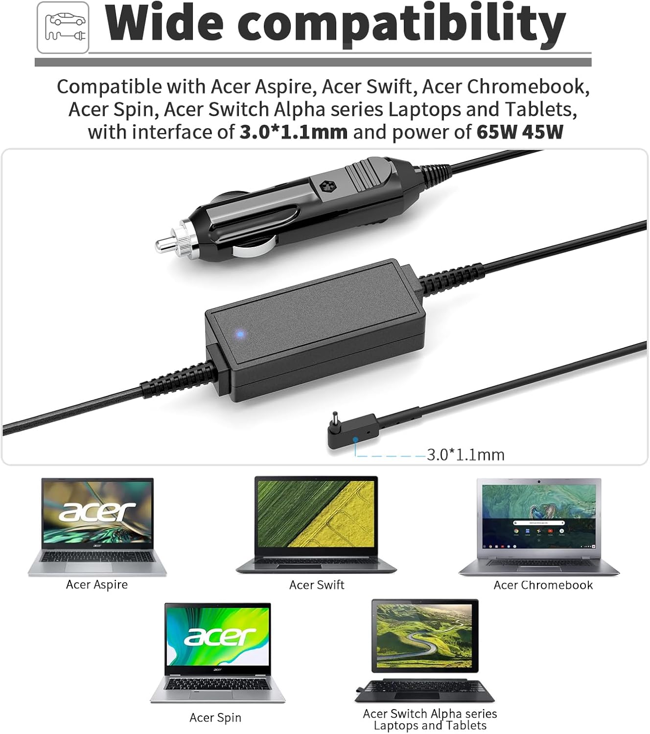 65W Laptop Car Charger for Acer Aspire 1 3 5 A315-23 A315-24P A315-24PT A315-24P-R7VH A515-44 A515-45 A515-46 A515-54 A515-55 A515-56 A517-53 A517-54 A115-32 N20C6 Acer Aspire Go 15 14 AG15-31P